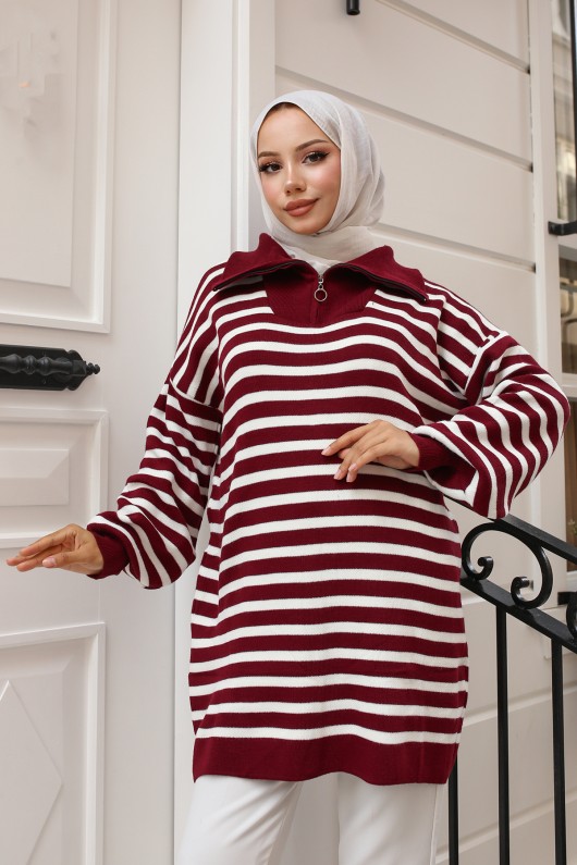 11020-03 Yakası Fermuarlı Çizgili Triko Tunik Bordo