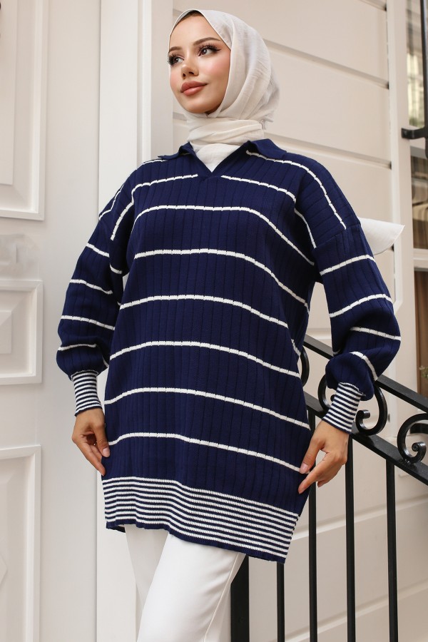 Fitilli Çizgili Triko Tunik Lacivert 11033-61 Fitilli Çizgili Triko Tunik Lacivert 11033-61