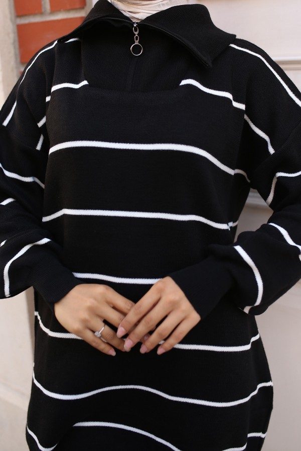 Yakası Fermuarlı Çizgili Triko Tunik Siyah 11037-30 Yakası Fermuarlı Çizgili Triko Tunik Siyah 11037-30