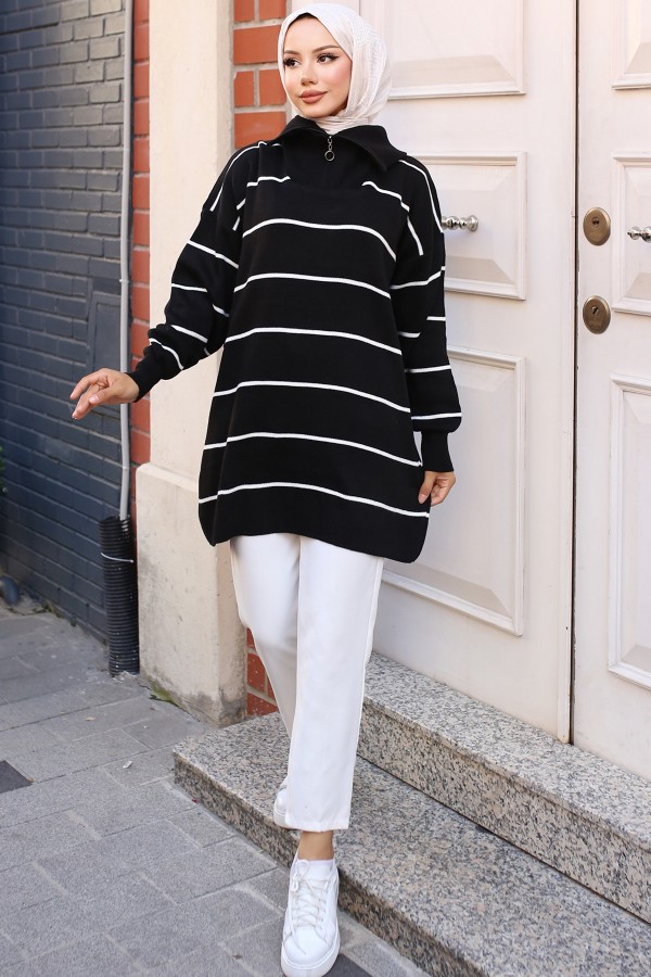 Yakası Fermuarlı Çizgili Triko Tunik Siyah 11037-30 Yakası Fermuarlı Çizgili Triko Tunik Siyah 11037-30