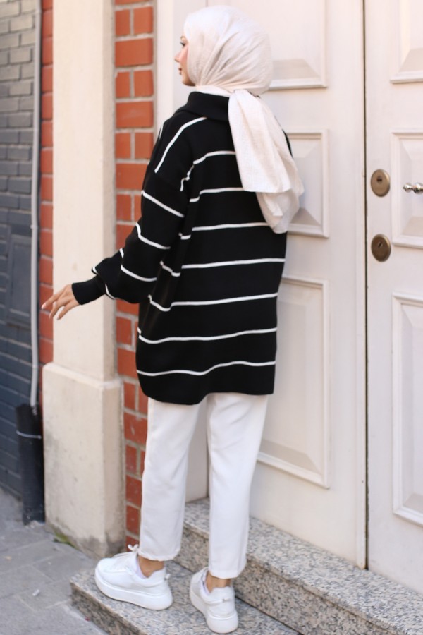 Yakası Fermuarlı Çizgili Triko Tunik Siyah 11037-30 Yakası Fermuarlı Çizgili Triko Tunik Siyah 11037-30