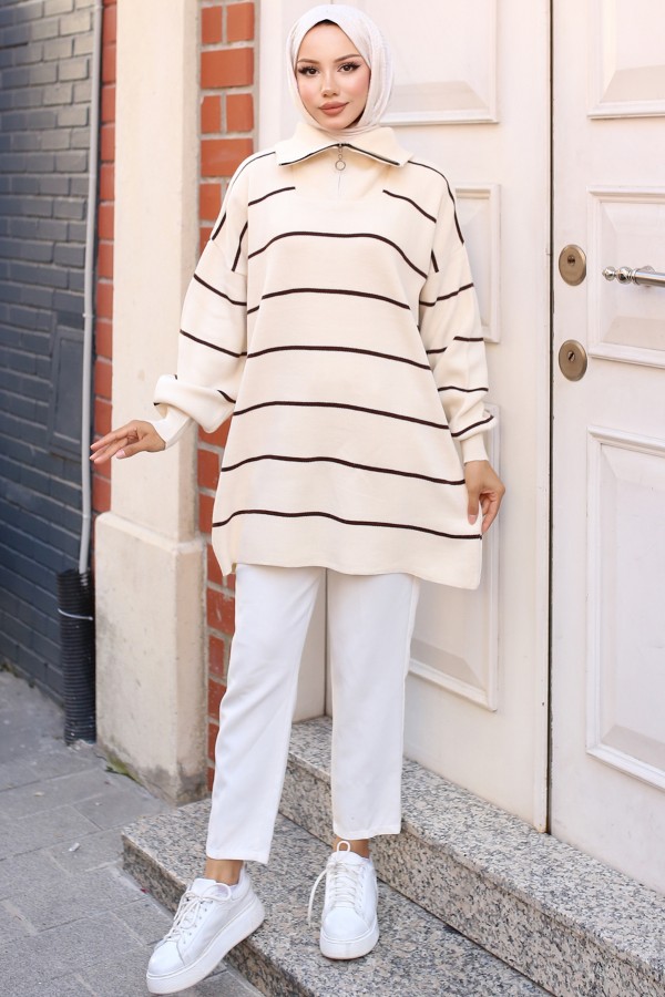 Yakası Fermuarlı Çizgili Triko Tunik Taş Rengi 11037-30 Yakası Fermuarlı Çizgili Triko Tunik Taş Rengi 11037-30