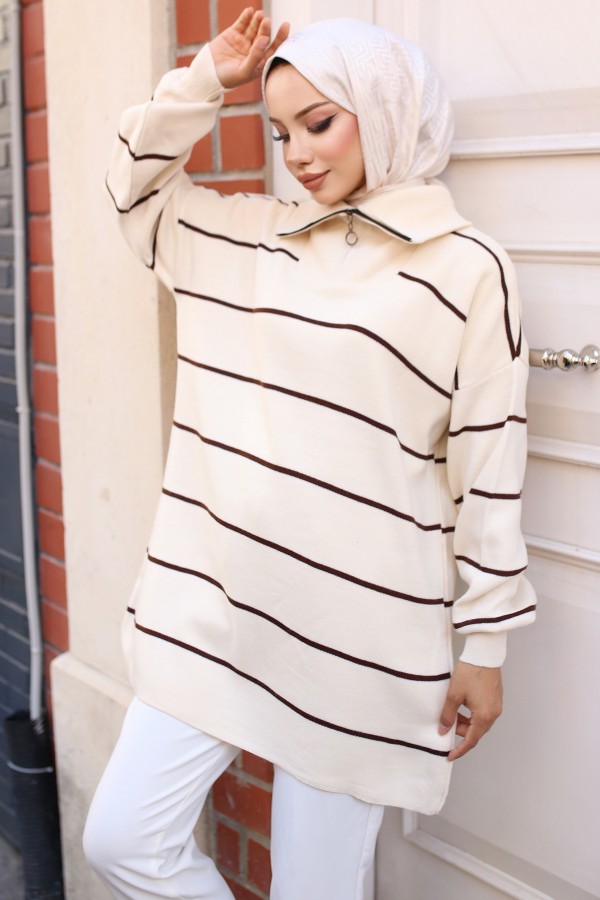Yakası Fermuarlı Çizgili Triko Tunik Taş Rengi 11037-30 Yakası Fermuarlı Çizgili Triko Tunik Taş Rengi 11037-30