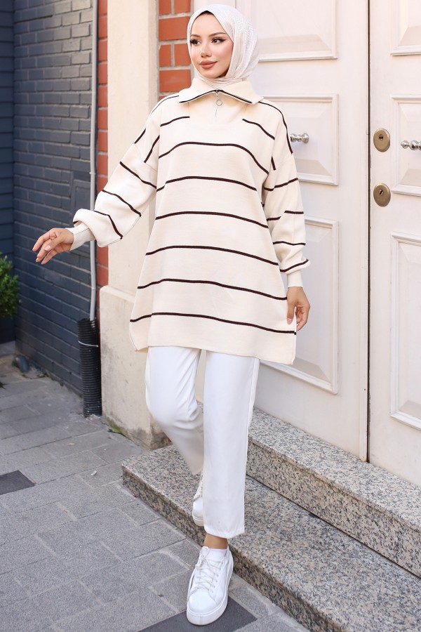Yakası Fermuarlı Çizgili Triko Tunik Taş Rengi 11037-30 Yakası Fermuarlı Çizgili Triko Tunik Taş Rengi 11037-30