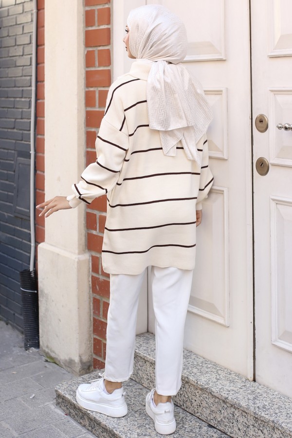 Yakası Fermuarlı Çizgili Triko Tunik Taş Rengi 11037-30 Yakası Fermuarlı Çizgili Triko Tunik Taş Rengi 11037-30