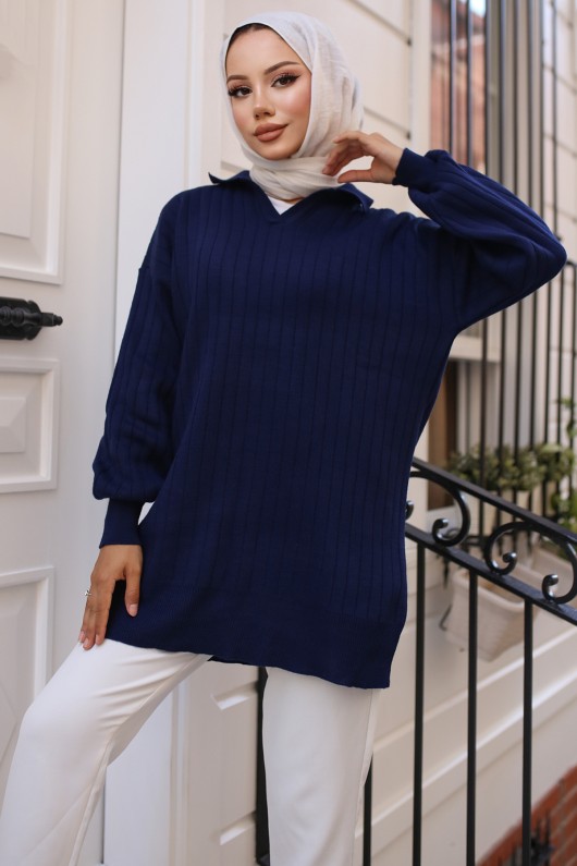 11039-63 Fitilli Triko Tunik Lacivert