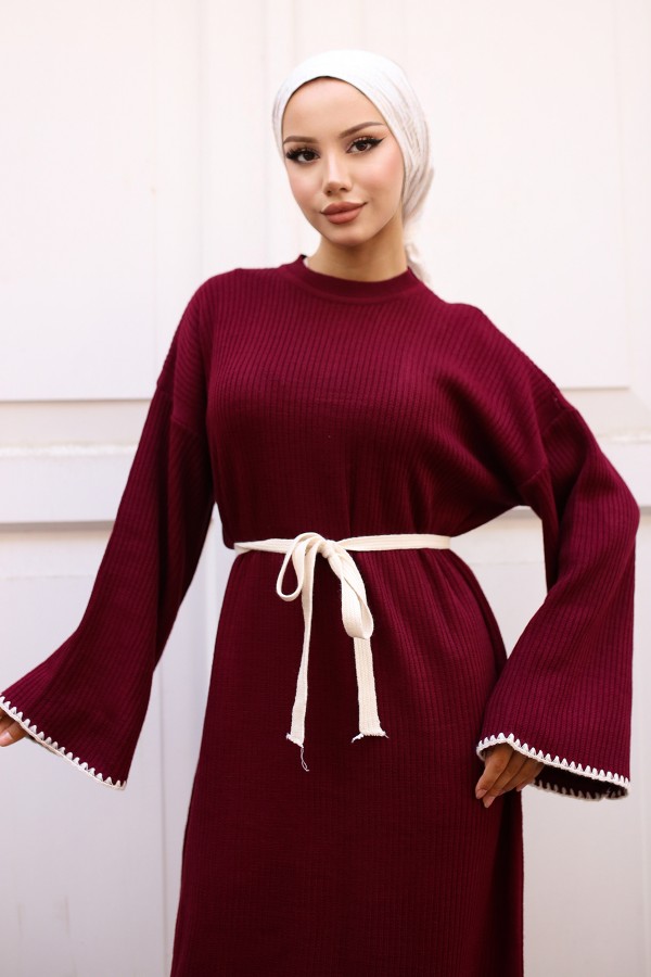 Nakış Detaylı Triko Elbise Bordo 11040-17 Nakış Detaylı Triko Elbise Bordo 11040-17