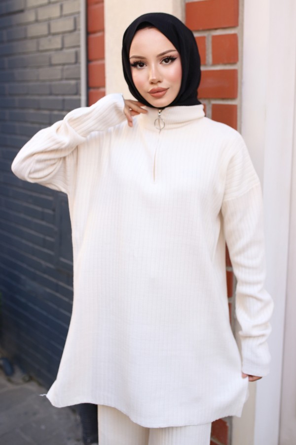 Fermuar Detaylı Fitilli Triko Takım Ekru 3062  Fermuar Detaylı Fitilli Triko Takım Ekru 3062