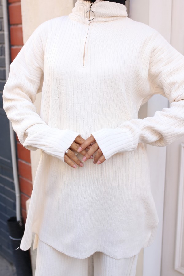 Fermuar Detaylı Fitilli Triko Takım Ekru 3062  Fermuar Detaylı Fitilli Triko Takım Ekru 3062