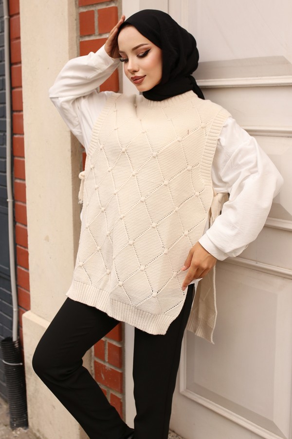 Yanları Bağlamalı Baklava Desenli Süveter Taş Rengi 4037-1 Yanları Bağlamalı Baklava Desenli Süveter Taş Rengi 4037-1