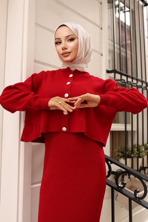Düğme Detaylı Jile Triko Takım Kırmızı 3064  Düğme Detaylı Jile Triko Takım Kırmızı 3064