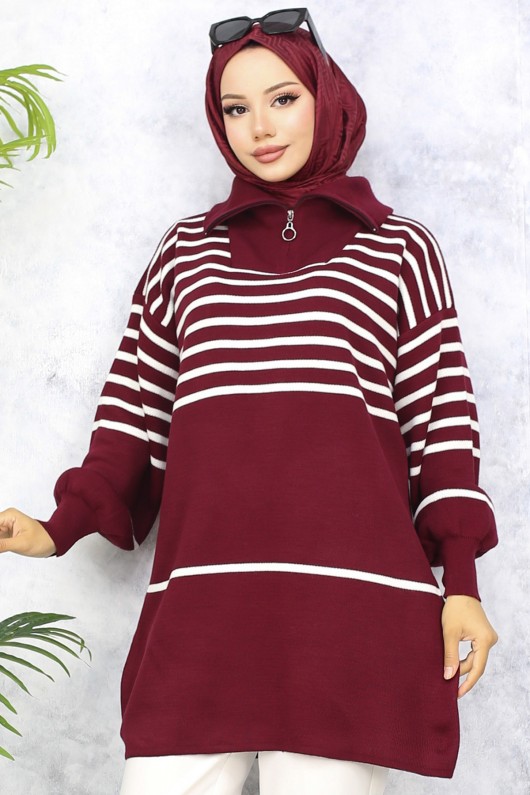 11047-22 Çizgili Triko Tunik Bordo