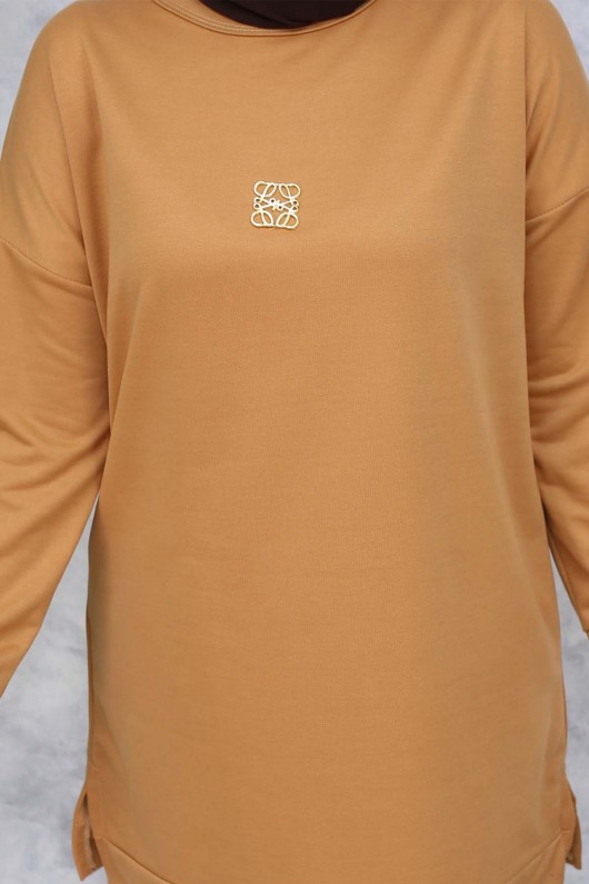 Broş Detaylı Tunik 5034 Camel