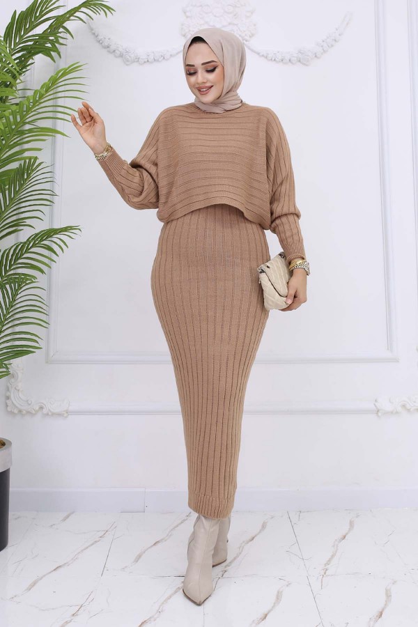 Fitilli Jile Triko Takım Vizon 4045 Fitilli Jile Triko Takım Vizon 4045