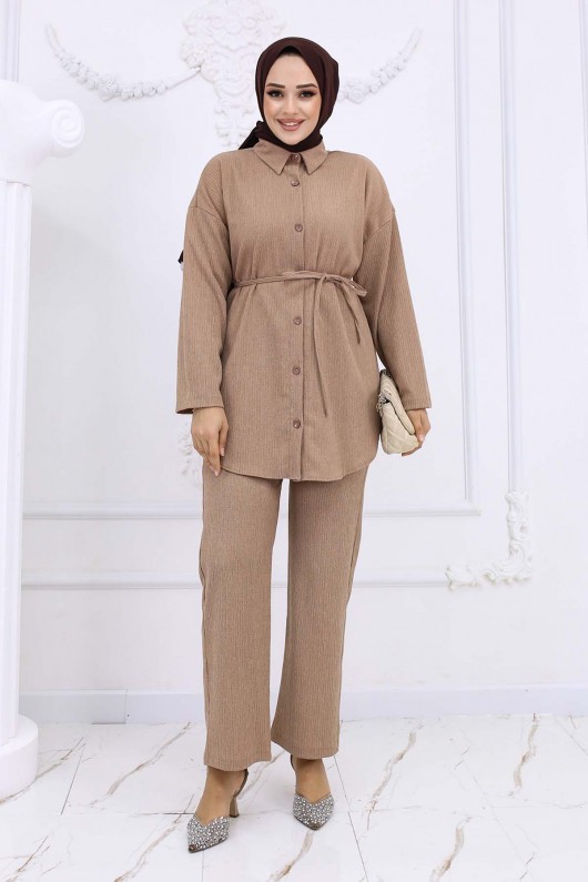 Beli Kuşaklı Bürümcük İkili Takım Bej 2193 Beli Kuşaklı Bürümcük İkili Takım Bej 2193