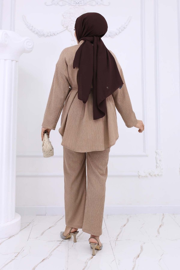 Beli Kuşaklı Bürümcük İkili Takım Bej 2193 Beli Kuşaklı Bürümcük İkili Takım Bej 2193