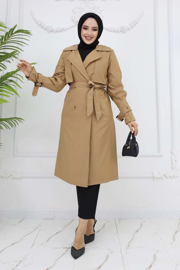 Bel Ve Kol Kemerli Çizgili Trençkot Camel 61646 Bel Ve Kol Kemerli Çizgili Trençkot Camel 61646