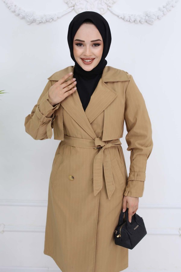 Bel Ve Kol Kemerli Çizgili Trençkot Camel 61646 Bel Ve Kol Kemerli Çizgili Trençkot Camel 61646