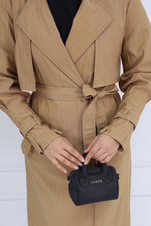 Bel Ve Kol Kemerli Çizgili Trençkot Camel 61646 Bel Ve Kol Kemerli Çizgili Trençkot Camel 61646