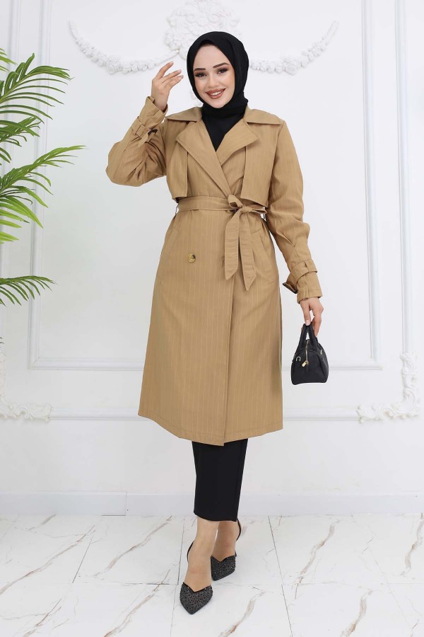 Bel Ve Kol Kemerli Çizgili Trençkot Camel 61646 Bel Ve Kol Kemerli Çizgili Trençkot Camel 61646
