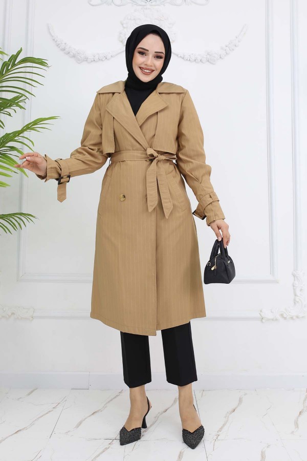 Bel Ve Kol Kemerli Çizgili Trençkot Camel 61646 Bel Ve Kol Kemerli Çizgili Trençkot Camel 61646
