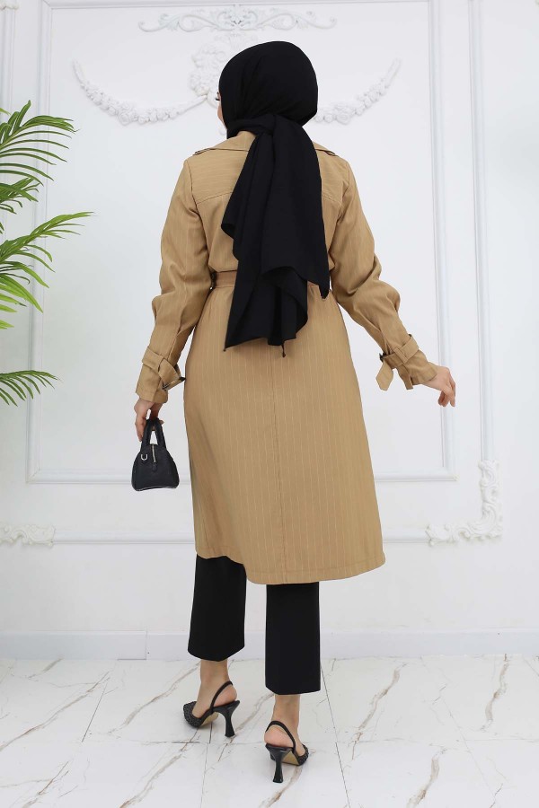 Bel Ve Kol Kemerli Çizgili Trençkot Camel 61646 Bel Ve Kol Kemerli Çizgili Trençkot Camel 61646
