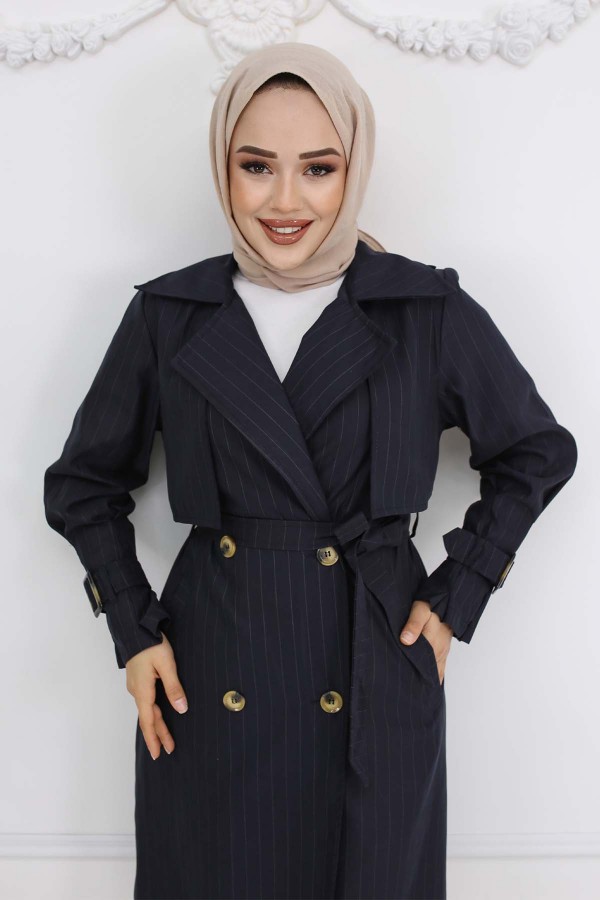Bel Ve Kol Kemerli Çizgili Trençkot Lacivert 61646 Bel Ve Kol Kemerli Çizgili Trençkot Lacivert 61646