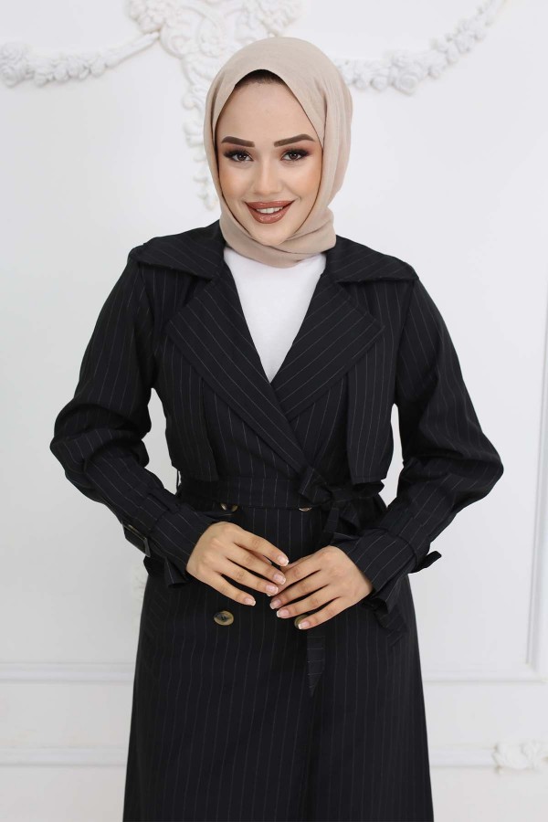 Bel Ve Kol Kemerli Çizgili Trençkot Siyah 61646 Bel Ve Kol Kemerli Çizgili Trençkot Siyah 61646
