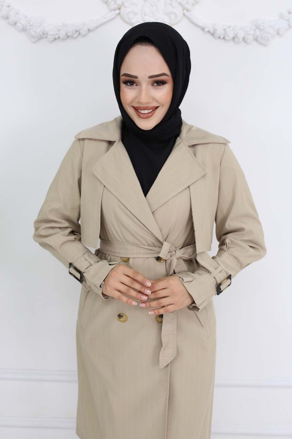 Bel Ve Kol Kemerli Çizgili Trençkot Taş Rengi 61646 Bel Ve Kol Kemerli Çizgili Trençkot Taş Rengi 61646
