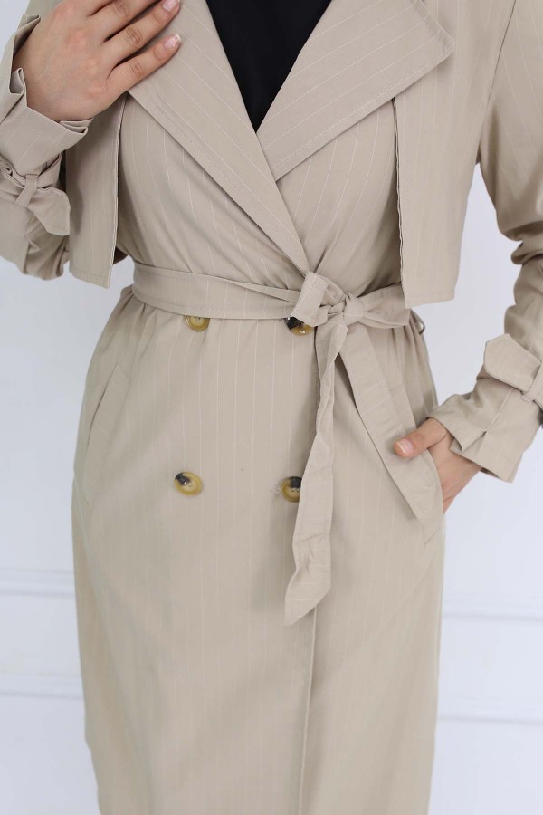 Bel Ve Kol Kemerli Çizgili Trençkot Taş Rengi 61646 Bel Ve Kol Kemerli Çizgili Trençkot Taş Rengi 61646