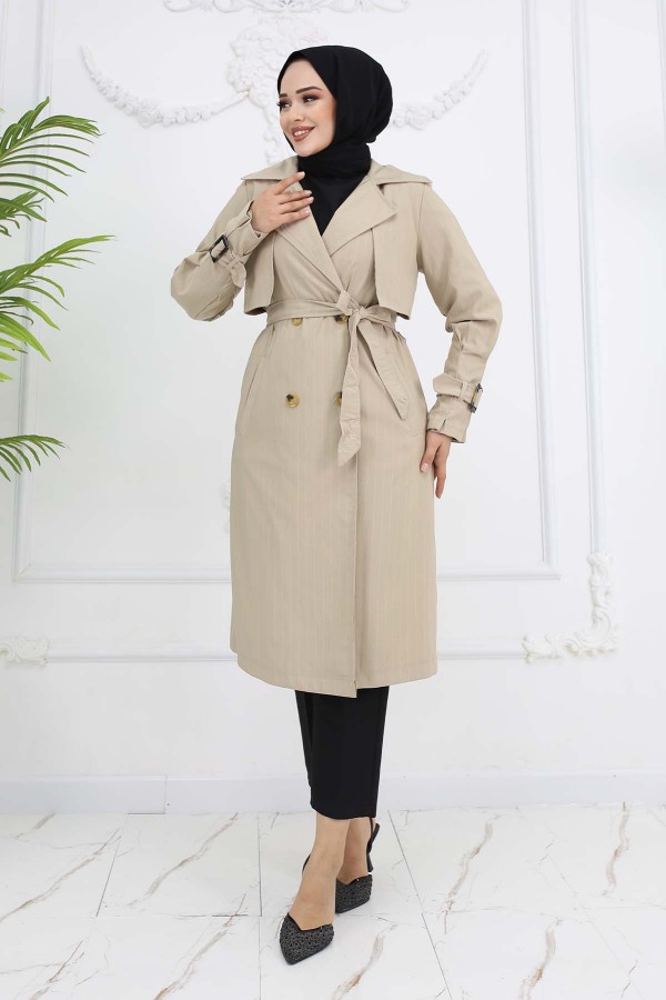 Bel Ve Kol Kemerli Çizgili Trençkot Taş Rengi 61646 Bel Ve Kol Kemerli Çizgili Trençkot Taş Rengi 61646