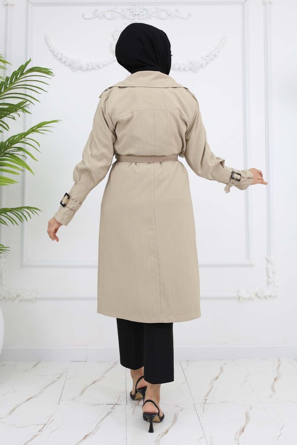 Bel Ve Kol Kemerli Çizgili Trençkot Taş Rengi 61646 Bel Ve Kol Kemerli Çizgili Trençkot Taş Rengi 61646
