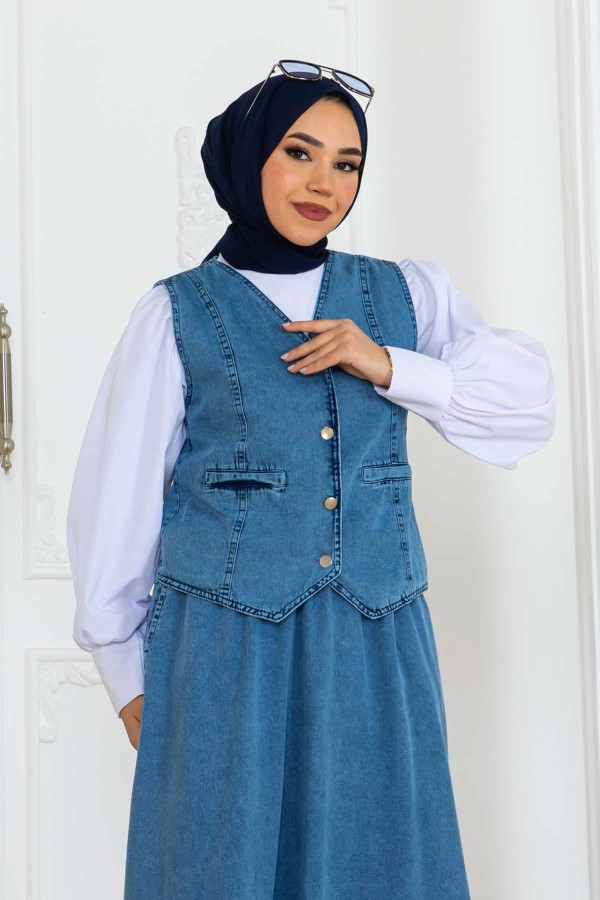 Kot Yelekli Etekli Takım Mavi 2186 Kot Yelekli Etekli Takım Mavi 2186