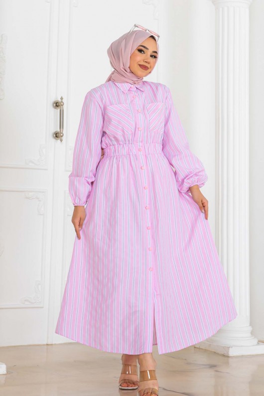 Çizgili Gömlek Elbise Pembe 2132 Çizgili Gömlek Elbise Pembe 2132