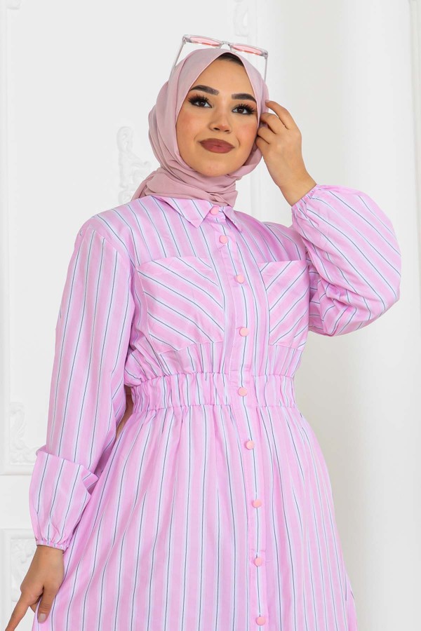 Çizgili Gömlek Elbise Pembe 2132 Çizgili Gömlek Elbise Pembe 2132