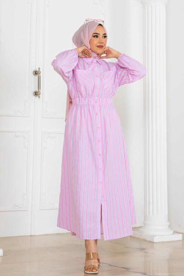 Çizgili Gömlek Elbise Pembe 2132 Çizgili Gömlek Elbise Pembe 2132