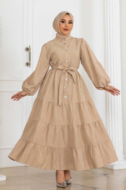 Kabartma Desenli Elbise Bej 2119 Kabartma Desenli Elbise Bej 2119