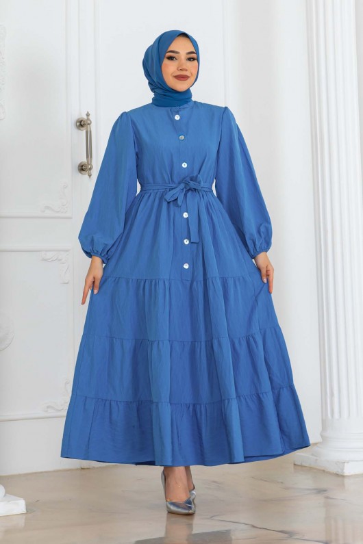 Düğmeli Kabartma Desenli Elbise Mavi 2120 Düğmeli Kabartma Desenli Elbise Mavi 2120