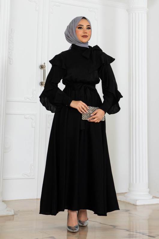 Kadın Beli Kuşaklı Fırfır Detaylı Elbise Siyah 2092 Kadın Beli Kuşaklı Fırfır Detaylı Elbise Siyah 2092