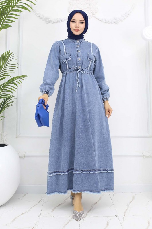 Beli Büzgülü Kot Elbise Mavi 6824 Beli Büzgülü Kot Elbise Mavi 6824