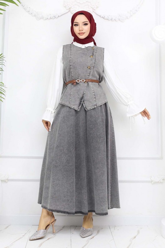 Yelek Etek İkili Kot Takım Gri 357 Yelek Etek İkili Kot Takım Gri 357