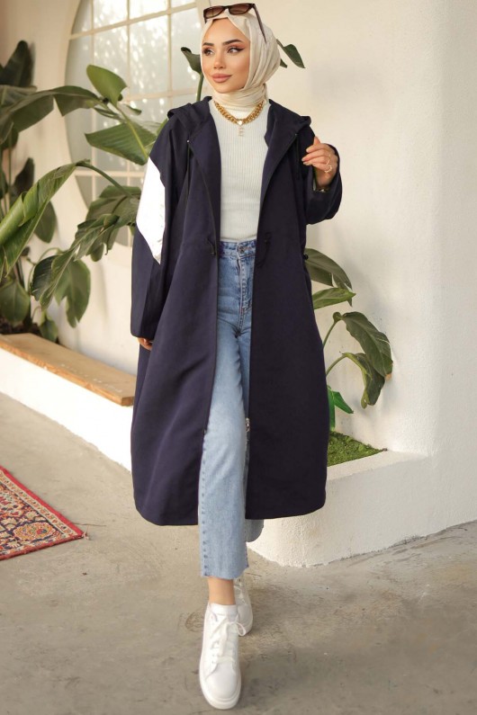 Parlak Kol Detaylı Trençkot Lacivert 61658