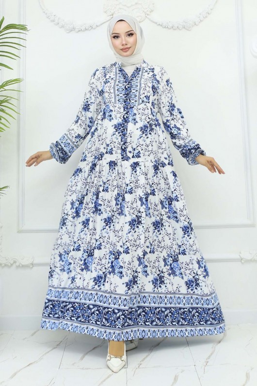 Çiçek Desenli Viskon Elbise Mavi 2423 Çiçek Desenli Viskon Elbise Mavi 2423