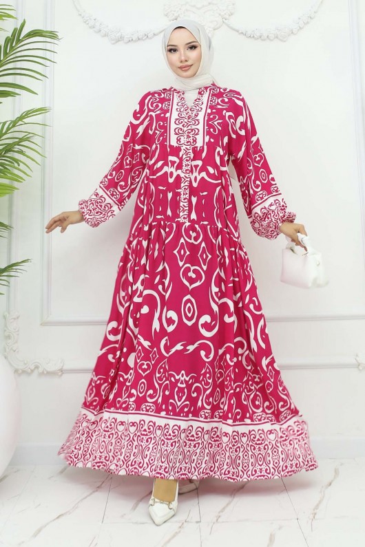 Desenli Viskon Elbise Fuşya 2425 Desenli Viskon Elbise Fuşya 2425