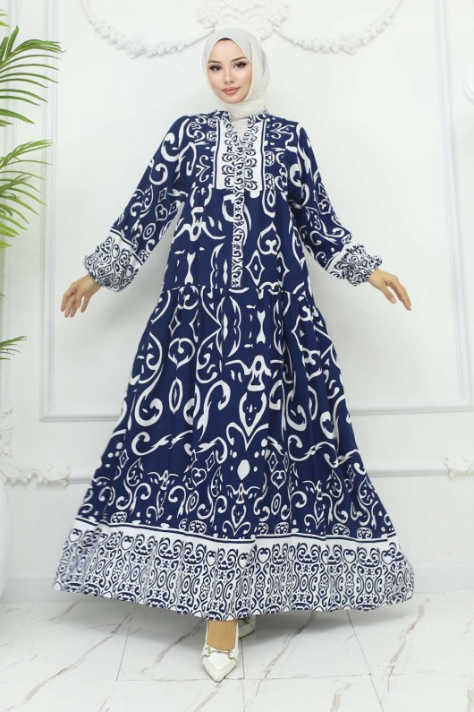 Desenli Viskon Elbise Lacivert 2425 Desenli Viskon Elbise Lacivert 2425
