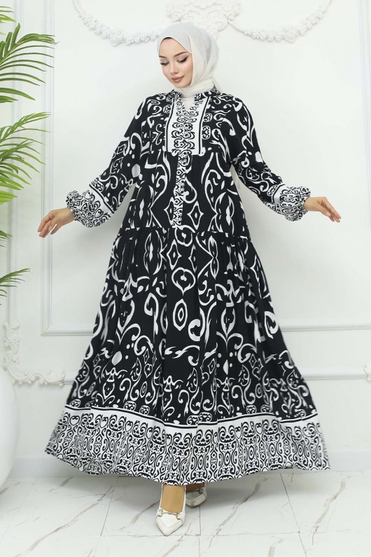 Desenli Viskon Elbise Siyah 2425 Desenli Viskon Elbise Siyah 2425