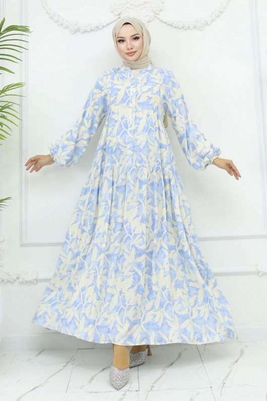 Desenli Viskon Elbise Mavi 2424 Desenli Viskon Elbise Mavi 2424