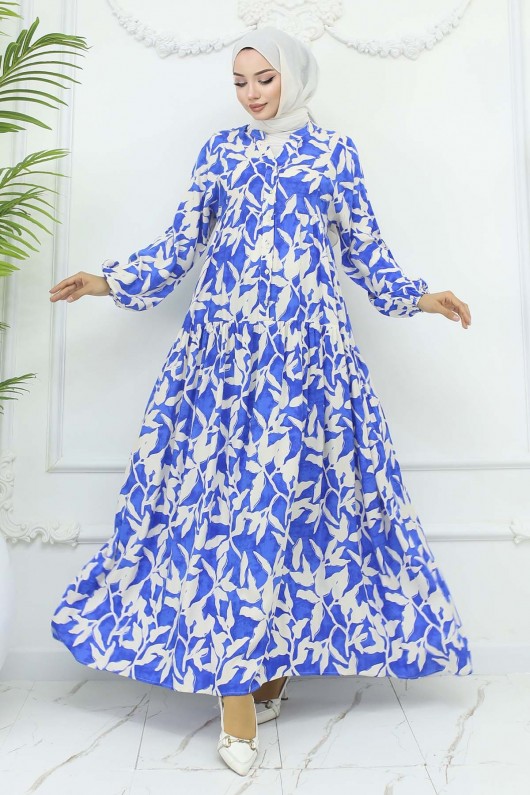 Desenli Viskon Elbise Saks Mavisi 2424 Desenli Viskon Elbise Saks Mavisi 2424