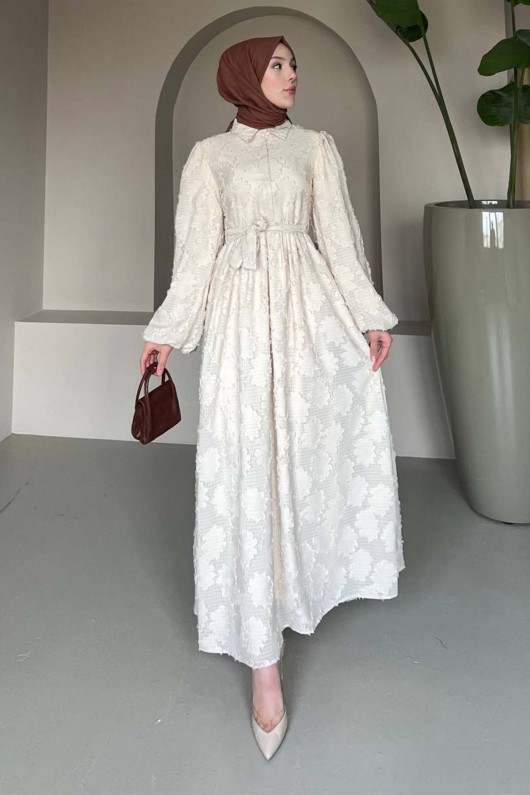 Çiçek Desenli Kesme Şifon Elbise Krem 1006-1 Çiçek Desenli Kesme Şifon Elbise Krem 1006-1