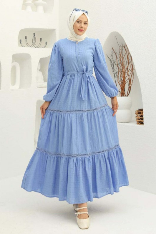 Kabartma Desenli Tesettür Elbise Mavi 1002-1